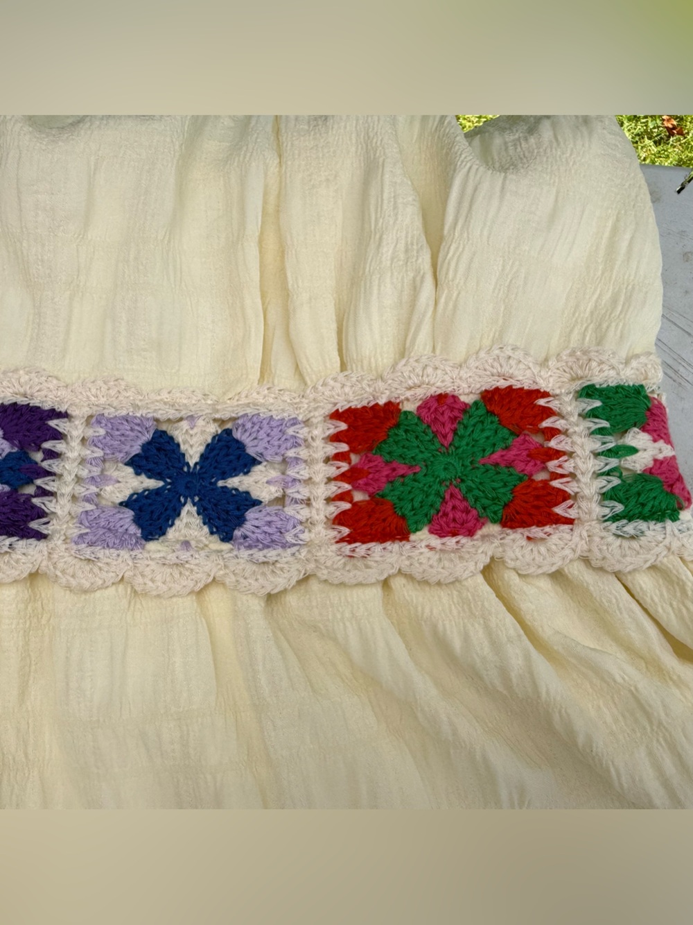Boho Buttercream Textured Sun Dress Colorful Crochet Waistband - Picture 4 of 11